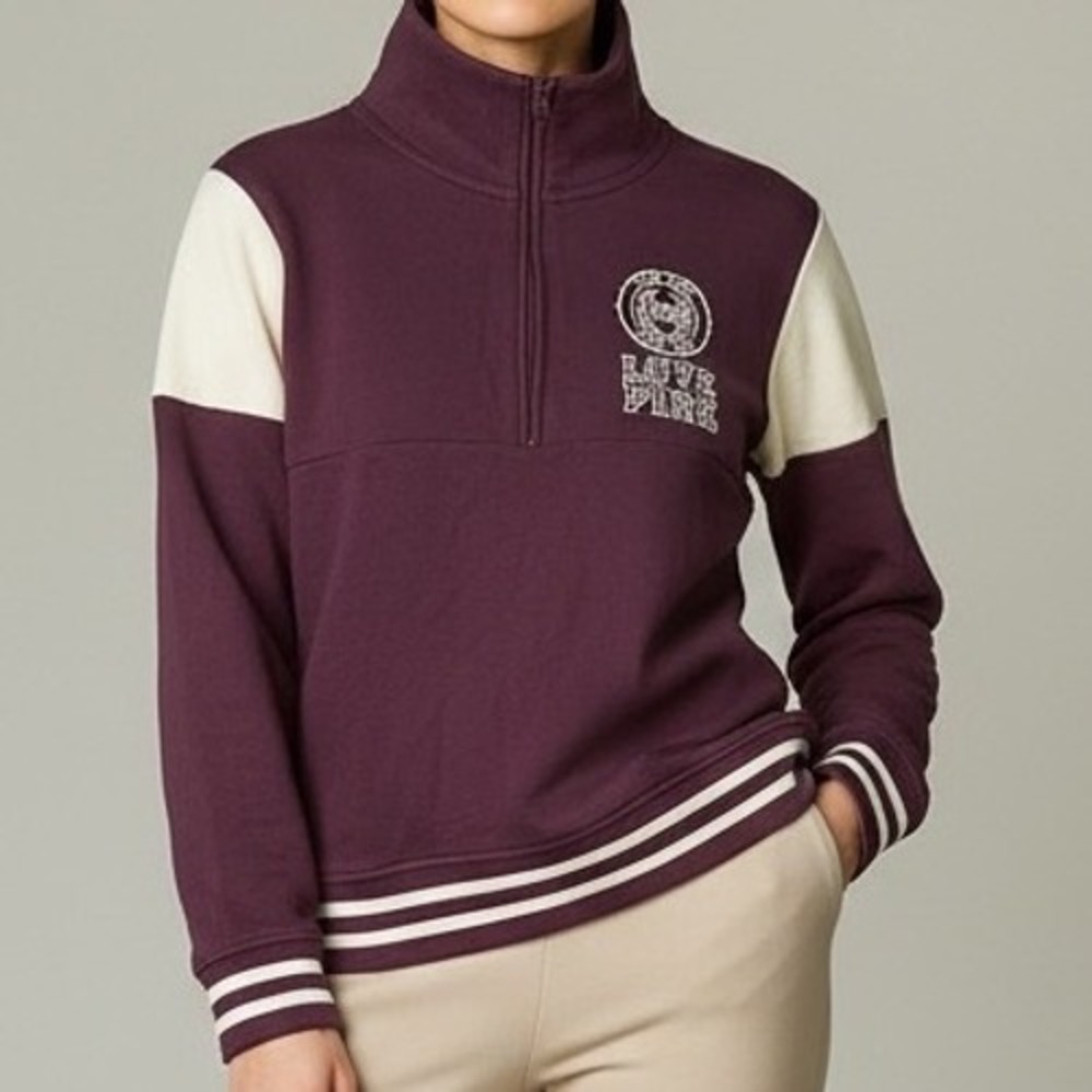 PINK Victoria's Secret Quarter Zip Sweatshirt Burgundy Cream Logo Size Small‎